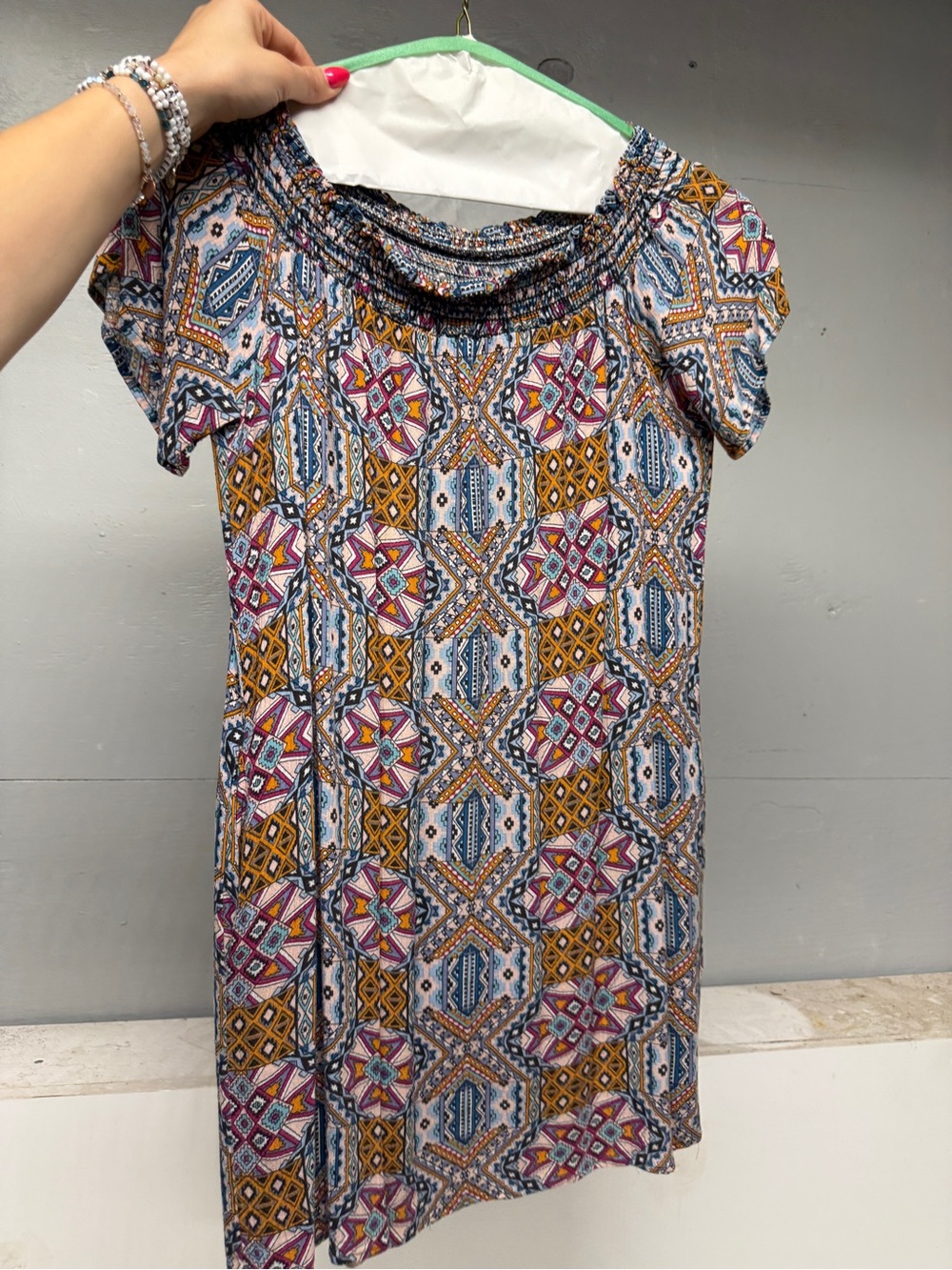 glam Multicolor Smocked-Neck Boho Top in Blue, Pink & Mustard